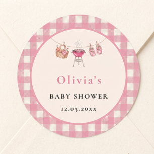 Baby Q Pink Gingham Clothesline Grill Classic Round Sticker