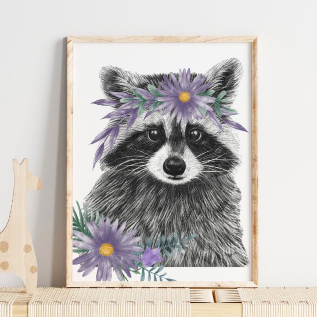 Baby Raccoon Floral Nursery Print | Impression Rac (Baby Raccoon Floral Nursery Print | Raccoon Print by TinkPrints)