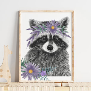 Baby Raccoon Floral Nursery Print Raccoon Print