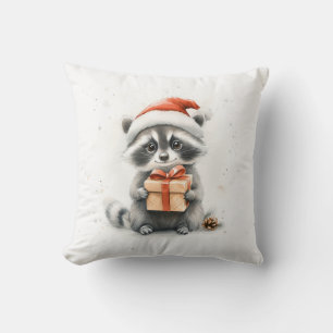 Baby Raccoon Sant Hat Christmas Winter Throw Pillow