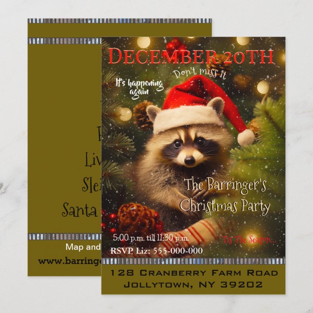 Baby Raccoon Santa"s Christmas Party Invitation (Front/Back)