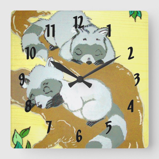 Baby Raccoon Sleeping Square Wall Clock (Front)