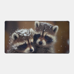 Baby Raccoons Huddle in Falling Snow Desk Mat