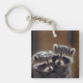 Baby Raccoons Huddle in Falling Snow Keychain
