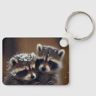 Baby Raccoons Huddle in Falling Snow Keychain