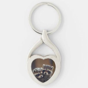 Baby Raccoons Huddle in Falling Snow Keychain