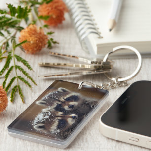 Baby Raccoons Huddle in Falling Snow Keychain
