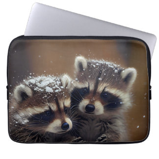 Baby Raccoons Huddle in Falling Snow Laptop Sleeve