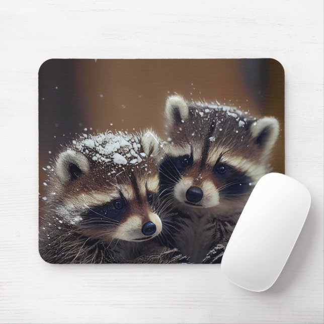 Baby Raccoons Huddle in Falling Snow Mouse Pad (With Mouse)