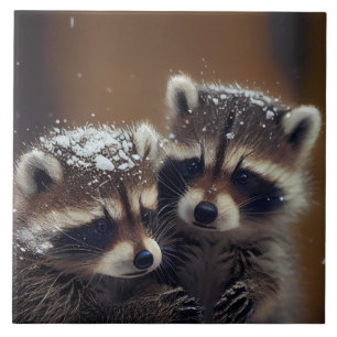 Baby Raccoons Huddle in Falling Snow Tile