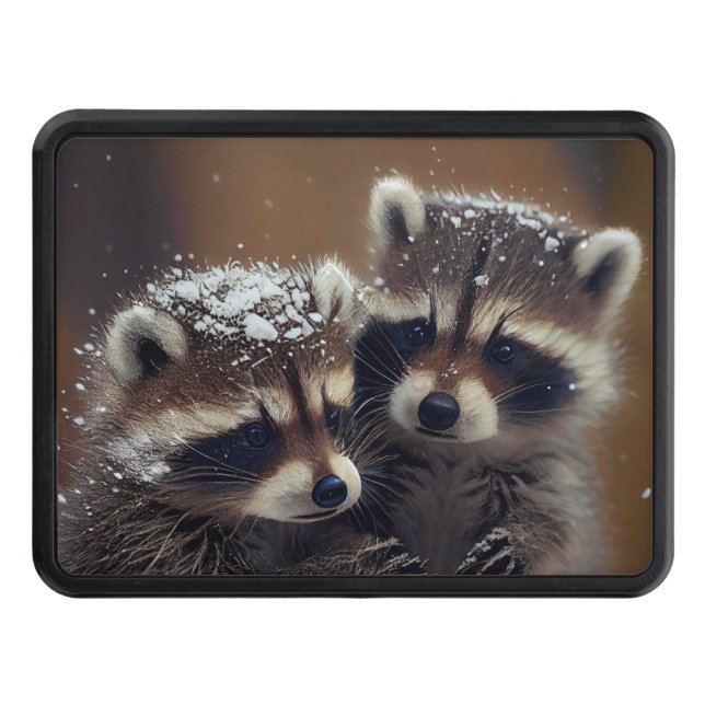 Baby Raccoons Huddle in Falling Snow Trailer Hitch Cover (Front)