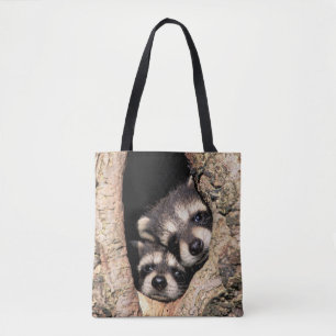 Baby Raccoons Peeking out of Tree Tote Bag