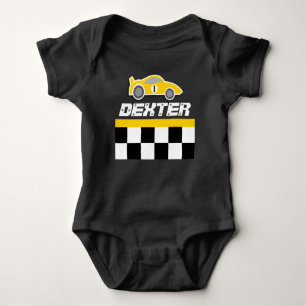 Baby racing driver yellow car name baby grow bodysuit