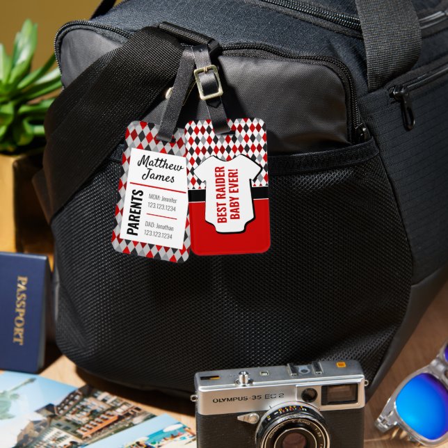 Baby Raider Red Black Argyle Pattern Bag Tag (Front & Back)
