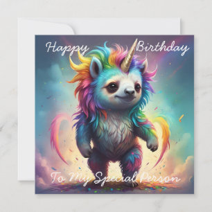 Baby Rainbow Unicorn Sloth, Flat Birthday Card.