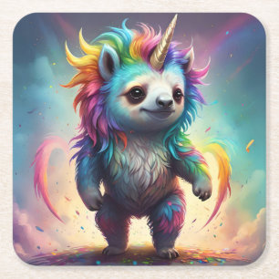 Baby Rainbow Unicorn Sloth, Square Paper Coaster