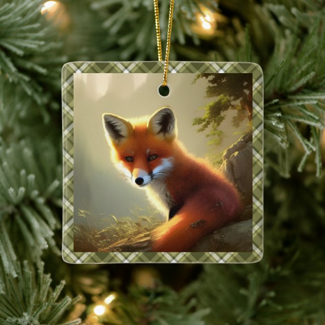 Baby Red Fox Wildlife Portrait Personalized  Ceramic Ornament (Tree)
