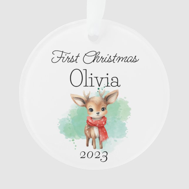 Baby Reindeer First Christmas Acrylic Ornament (Front)