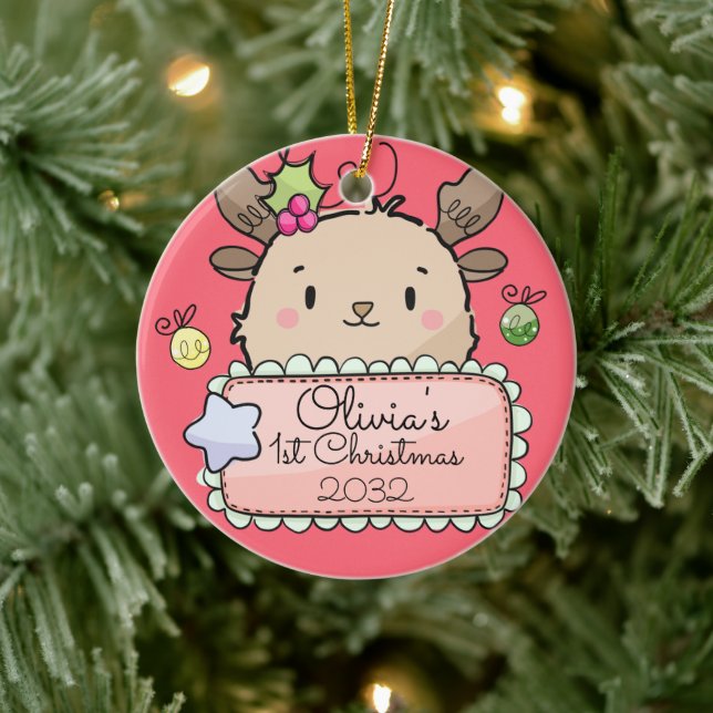 Baby Reindeer First Christmas Ceramic Ornament (Tree)