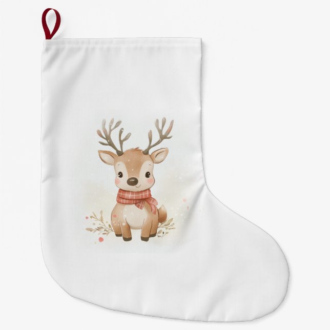 Baby reindeer sitting in the snow large christmas stocking (Front)