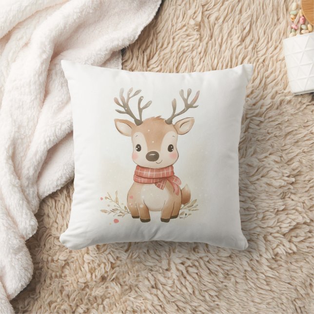 Baby reindeer sitting in the snow throw pillow (Blanket)