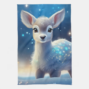 Baby Reindeer Sparkling Starry Night Kitchen Towel