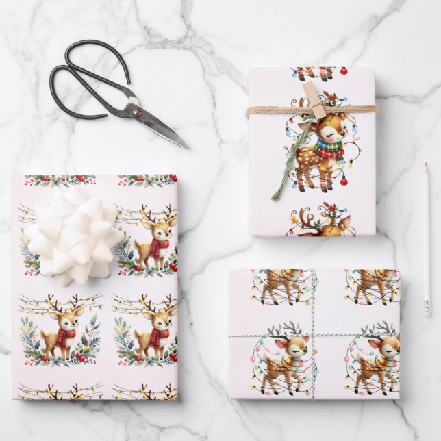 Baby Reindeer Tangled Lights Christmas Kids Wrapping Paper Sheet (Front)