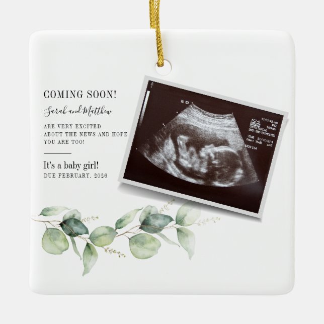 Baby Reveal Eucalyptus Botanical Pregnancy Announc Ceramic Ornament (Front)