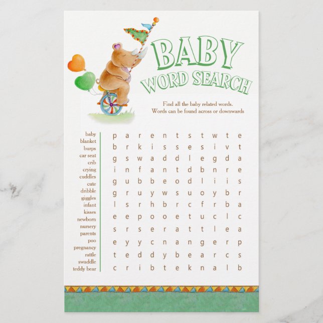 Baby rhino baby shower word search flyer (Front)