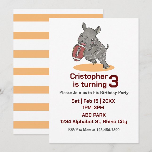 Baby Rhino Football américain Invitation d'anniver (Devant / Derrière)