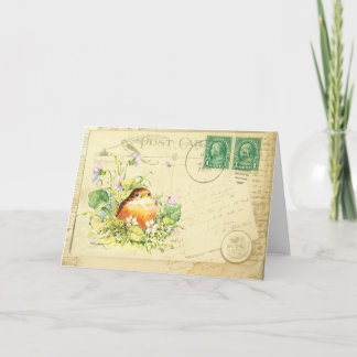 Baby Robin with Violets Card