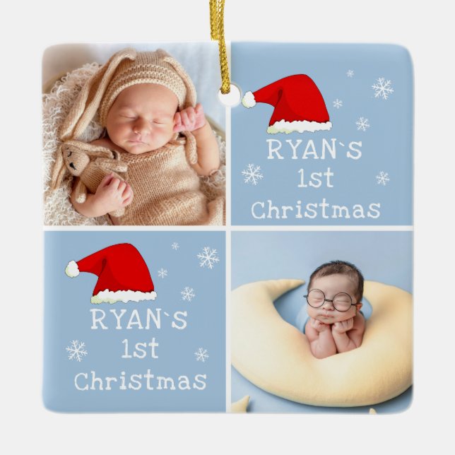 Baby`s 1st Christmas 2 Photos Santa Hat Snowflake Ceramic Ornament (Front)
