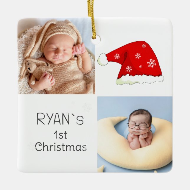 Baby`s 1st Christmas 2 Photos Santa Hat Snowflake Ceramic Ornament (Front)