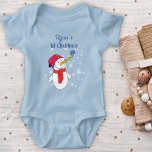 Baby`s 1st Christmas Cute Snowman Snowflake Boy Baby Bodysuit<br><div class="desc">Baby`s 1st Christmas Cute Snowman Snowflake Boy Baby Bodysuit. Cute snowman with a snowflake on his nose and white snowflakes in different shapes and sizes. Customize with your name and text and make a sweet keepsake for the baby`s first Christmas.</div>
