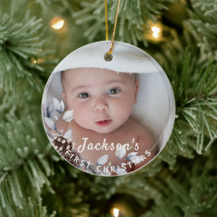 Baby’s 1st Christmas Grey Botanical Photo Keepsake Ceramic Ornament