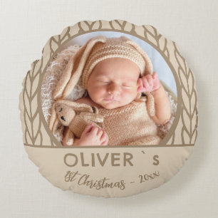 Baby`s 1st Christmas Knitting Photo Round Pillow