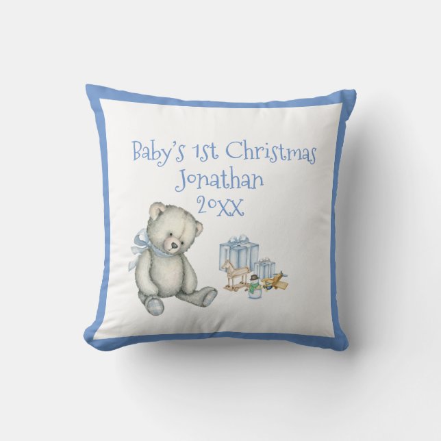 Baby’s 1st Christmas Personalize Blue Cute Throw Pillow (Front)
