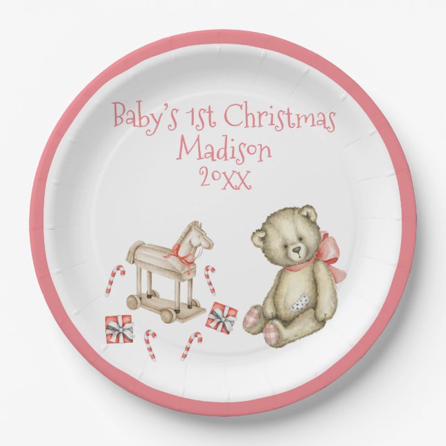 Baby’s 1st Christmas Personalize Pink Cute Baby Paper Plate (Front)