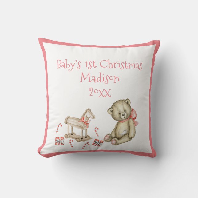Baby’s 1st Christmas Personalize Pink Cute Baby Throw Pillow (Front)