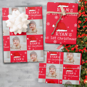 Baby`s 1st Christmas Photo Santa Hat Snowflake  Wrapping Paper Sheet