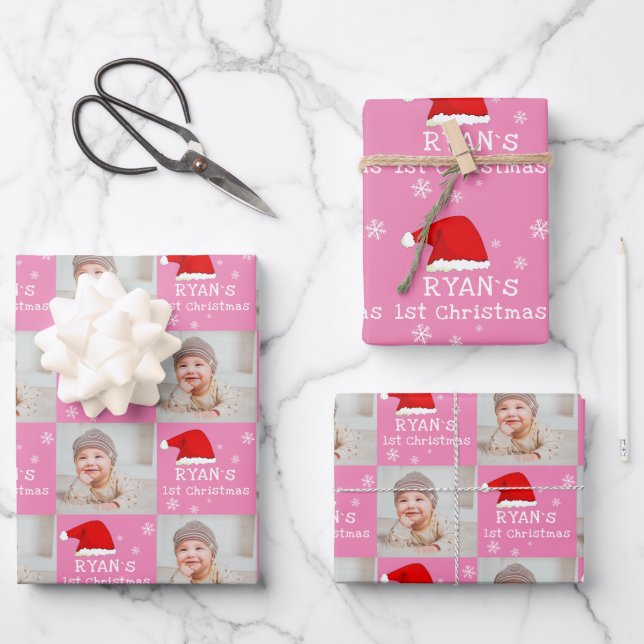 Baby`s 1st Christmas Photo Santa Hat Snowflake Wrapping Paper Sheet (Front)