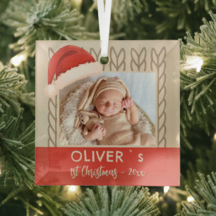Baby`s 1st Christmas Santa Hat Knitting Photo Glass Ornament