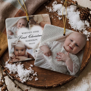 Baby’s First Christmas 4 Photo Collage Personalize Ceramic Ornament