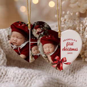 Baby’s First Christmas 4 Photo Watercolor Red Bow Ceramic Ornament