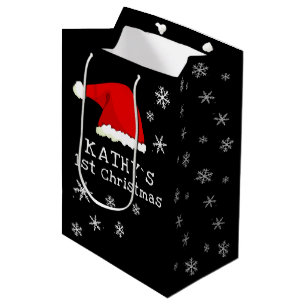 Baby`s First Christmas Black Santa Hat Snowflake  Medium Gift Bag