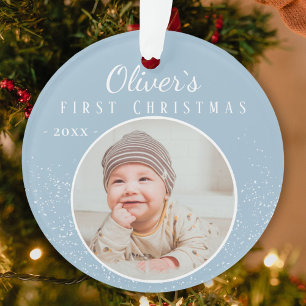Baby`s First Christmas Blue Baby Boy Photo Ornament