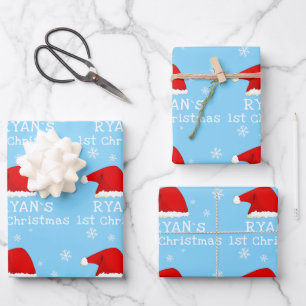 Baby`s First Christmas Blue Santa Hat Snowflake Wrapping Paper Sheet