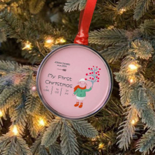 Baby’s First Christmas - Cute Lamb art on pink Metal Ornament