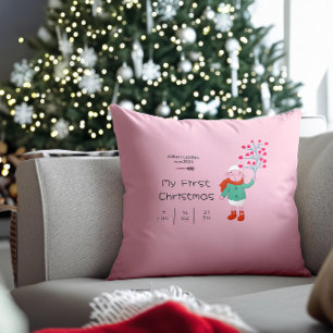 Baby’s First Christmas - Cute Lamb art on pink Throw Pillow
