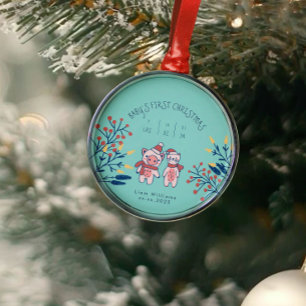 Baby’s First Christmas cute Pig and Bear Metal Ornament